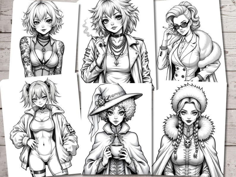May include: A digital illustration of six different women with various hairstyles and clothing styles. Each woman is drawn in a black and white style.