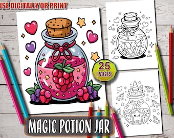 May include: A colorful illustration of a magic potion jar with a cork lid, filled with pink liquid and a raspberry cluster. The image includes coloring pages with potion jar designs and the text "MAGIC POTION JAR" and "25 PAGES".