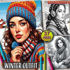 May include: A colouring book with 37 pages featuring winter-themed illustrations of women wearing winter clothing. The cover features a woman with long brown hair wearing a blue and red knitted hat, a scarf, and a winter jacket. The text "Winter Outfit" is printed on the cover.