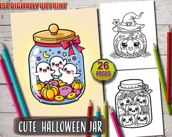 May include: A colorful Halloween-themed coloring book with 26 pages. The cover features a jar filled with cartoon ghosts, pumpkins, and donuts. The text "CUTE HALLOWEEN JAR" is displayed at the bottom. Colored pencils are scattered around the book.