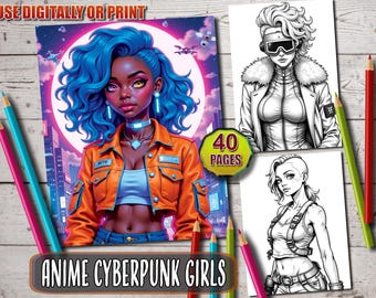 Könnte beinhalten: Ein Malbuch mit 40 Seiten Anime-Cyberpunk-Mädchen. Der Umschlag zeigt eine farbenfrohe Illustration einer Frau mit blauen Haaren, die eine leuchtend orangefarbene Jacke und eine blaue Jeans trägt. Der Text "Anime Cyberpunk Girls" befindet sich am unteren Rand des Umschlags.