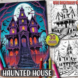 Libro para colorear de la casa encantada, páginas para colorear de casas espeluznantes góticas imprimibles, arte de Halloween en escala de grises, descarga instantánea para adultos y niños