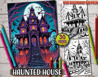 Haunted House Grayscale Coloring Book: Spooky Gothic Art (Instant Download)