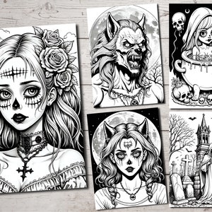 May include: A set of four black and white illustrations featuring a gothic aesthetic. The illustrations include a woman with a skull face, a werewolf, a woman bathing in a cauldron, and a reaper in a graveyard.