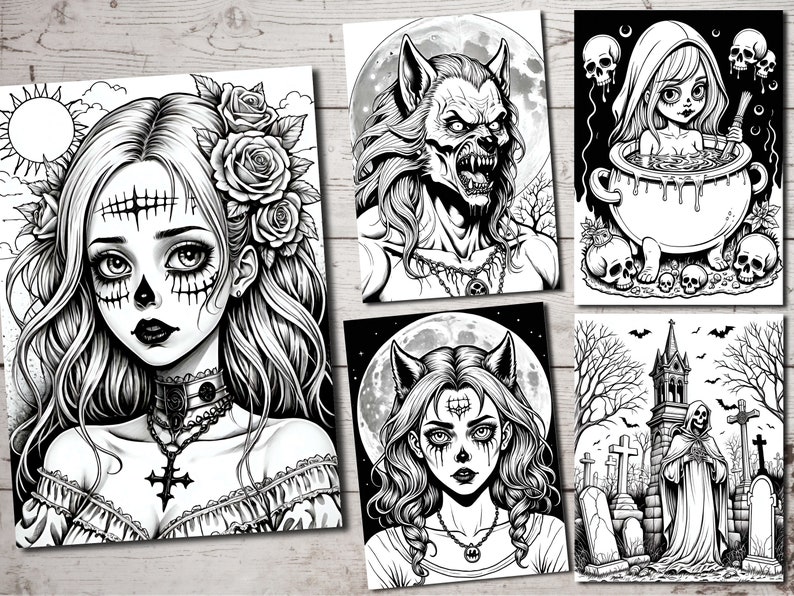 May include: A set of four black and white illustrations featuring a gothic aesthetic. The illustrations include a woman with a skull face, a werewolf, a woman bathing in a cauldron, and a reaper in a graveyard.