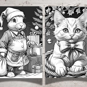 May include: Black and white illustration of a rabbit wearing a Santa hat and holding a bag of gifts, standing next to a Christmas tree and presents.  A black and white illustration of a cat wearing a bow tie and sitting in a basket with holly.