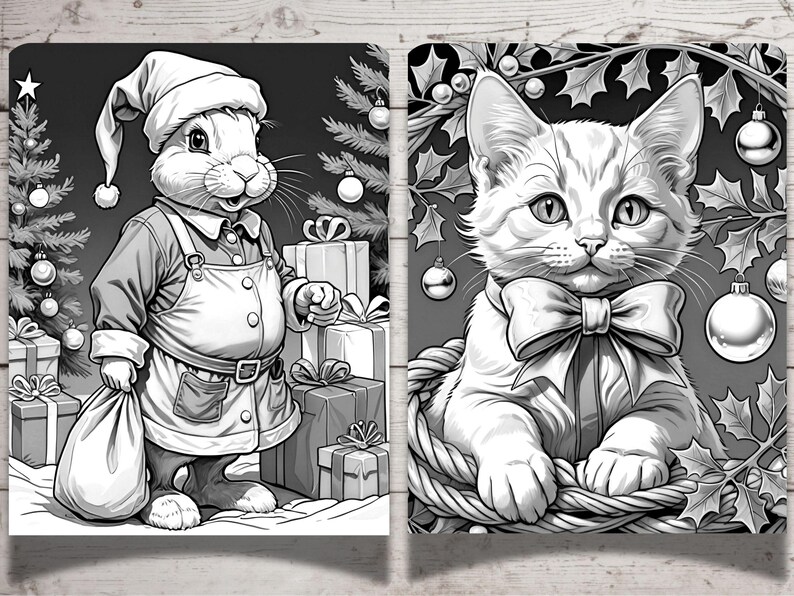 May include: Black and white illustration of a rabbit wearing a Santa hat and holding a bag of gifts, standing next to a Christmas tree and presents.  A black and white illustration of a cat wearing a bow tie and sitting in a basket with holly.