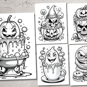 May include: Five black and white illustrations of Halloween themed characters. The first image is a pumpkin head on top of a cake with dripping icing. The second image is a pumpkin with a skull face inside. The third image is a skull in a bucket with eyeballs. The fourth image is a ghost in a cup of coffee. The fifth image is a burger with a skull face.
