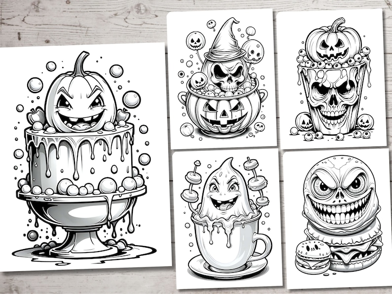 May include: Five black and white illustrations of Halloween themed characters. The first image is a pumpkin head on top of a cake with dripping icing. The second image is a pumpkin with a skull face inside. The third image is a skull in a bucket with eyeballs. The fourth image is a ghost in a cup of coffee. The fifth image is a burger with a skull face.