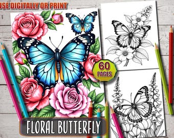 Floral Butterfly Coloring Book: 60 Printable Grayscale Pages (PDF Download)