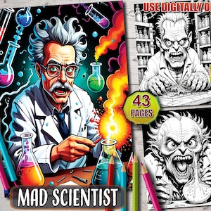 Peut inclure: Un livre de coloriage Mad Scientist avec 43 pages. La couverture présente une illustration colorée d'un savant fou en blouse de laboratoire, avec des béchers et des tubes à essai. Le livre comprend également des illustrations en noir et blanc de monstres.