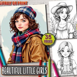 Beautiful Little Girls Coloring book, Cute Little Girl Coloring pages, Grayscale Portrait for Adults & Kids, Instant Download, Printable PDF