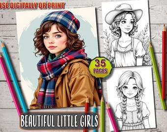 Little Girls Portrait Coloring Book: 35 Grayscale Pages (Printable PDF)