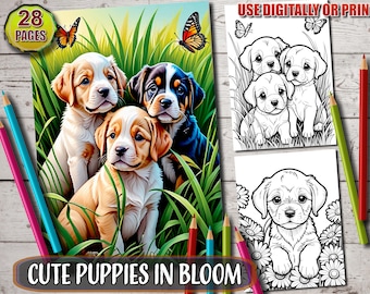 Cute Puppies in Bloom Coloring Pages, Printable PDF,  Adorable Puppies in Nature Coloring Pages, Adult and Kids Coloring sheets