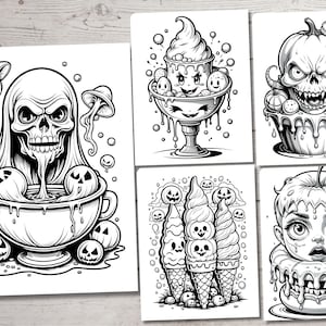 May include: A set of four black and white illustrations featuring Halloween-themed food and characters. The illustrations include a ghost in a bowl of soup, a pumpkin-shaped cupcake, a skull-shaped ice cream sundae, and a pumpkin-shaped donut with a skull face.