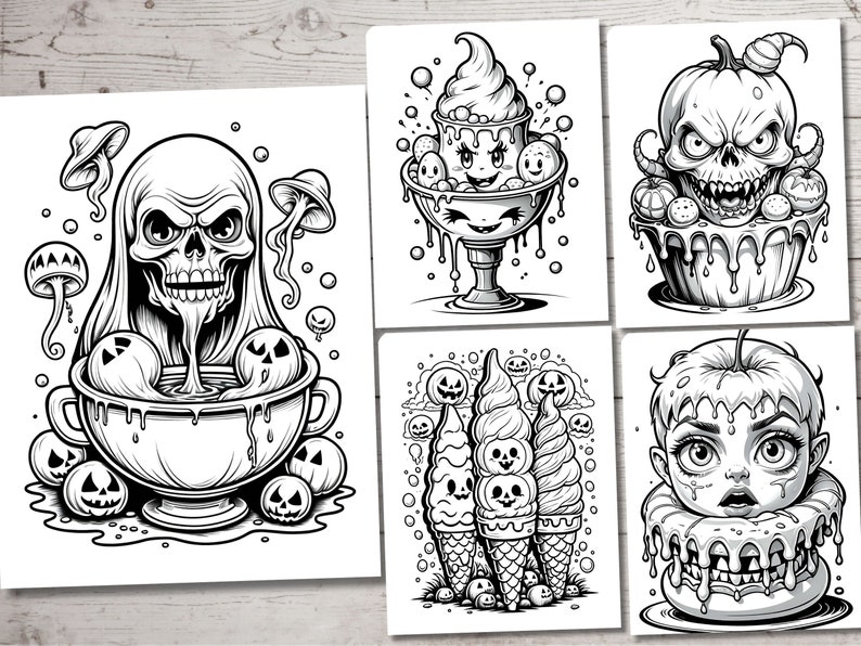 May include: A set of four black and white illustrations featuring Halloween-themed food and characters. The illustrations include a ghost in a bowl of soup, a pumpkin-shaped cupcake, a skull-shaped ice cream sundae, and a pumpkin-shaped donut with a skull face.