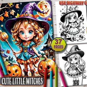 Cute Little Witches Coloring Page, Cute Witches Coloring Book, Adorable Halloween Grayscale Coloring Sheets, Instant Download, Printable PDF