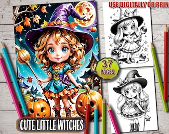 Cute Little Witches Coloring Page, Cute Witches Coloring Book, Adorable Halloween Grayscale Coloring Sheets, Instant Download, Printable PDF