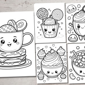 Puede incluir: P&aacute;gina para colorear en blanco y negro con cuatro ilustraciones diferentes y lindas con tem&aacute;tica de comida. Las ilustraciones incluyen una taza de caf&eacute; con una pila de panqueques, un cupcake con una paleta, un cupcake con crema batida y un taz&oacute;n de cereal.
