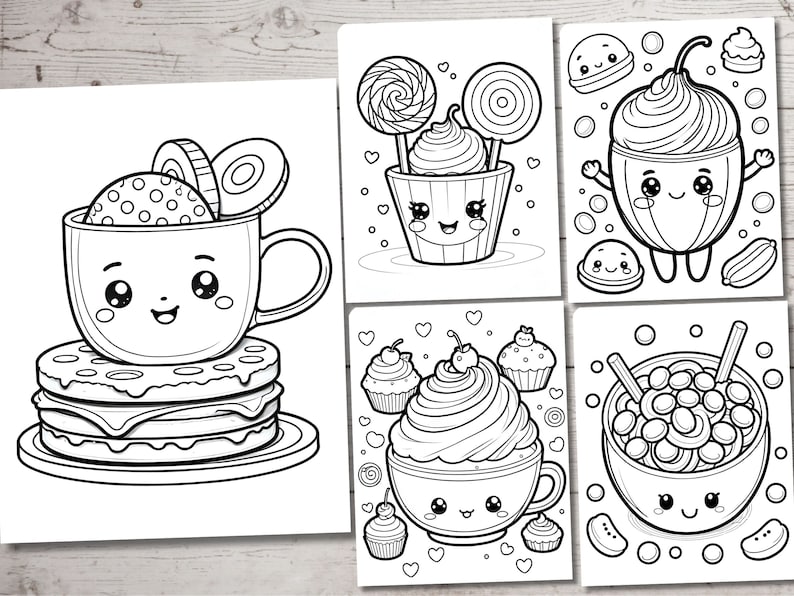 Puede incluir: P&aacute;gina para colorear en blanco y negro con cuatro ilustraciones diferentes y lindas con tem&aacute;tica de comida. Las ilustraciones incluyen una taza de caf&eacute; con una pila de panqueques, un cupcake con una paleta, un cupcake con crema batida y un taz&oacute;n de cereal.