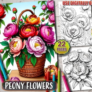 Peony Flowers Coloring Book: 22 Botanical Grayscale Pages (Printable PDF)