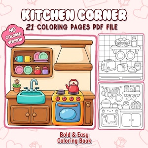 Può includere: Illustrazione di un cartone animato di una cucina con il testo "Kitchen Corner" e "21 Coloring Pages PDF File". L'immagine presenta un fornello, un lavandino e mensole con utensili da cucina e cibo. Sono visibili anche le parole "No Colored Version" e "Bold & Easy Coloring Book".