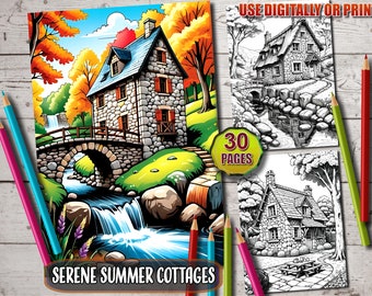 Summer Cottages Grayscale Coloring Book: 30 Printable Pages (PDF)