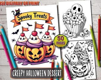 May include: A Halloween-themed coloring book with the text "Spooky Treats" and "Creepy Halloween Dessert." The illustrations feature pumpkin-shaped desserts and other spooky treats. Includes 50 pages.
