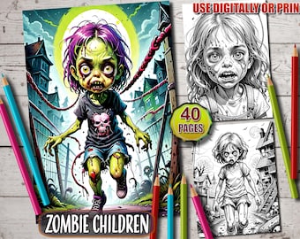 Puede incluir: Una portada de libro para colorear con un niño zombie con piel verde, cabello morado y una camisa rasgada y ensangrentada. El niño camina por una calle con casas y una luna llena en el fondo. El texto "Zombie Children" está en la parte inferior de la portada.