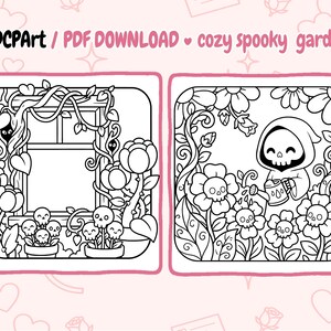 May include: Black and white digital art featuring two square panels. One shows a window with vines and skull-shaped flowers. The other depicts a Grim Reaper watering skull-shaped flowers. Text reads "ADCPart / PDF DOWNLOAD cozy spooky garden."