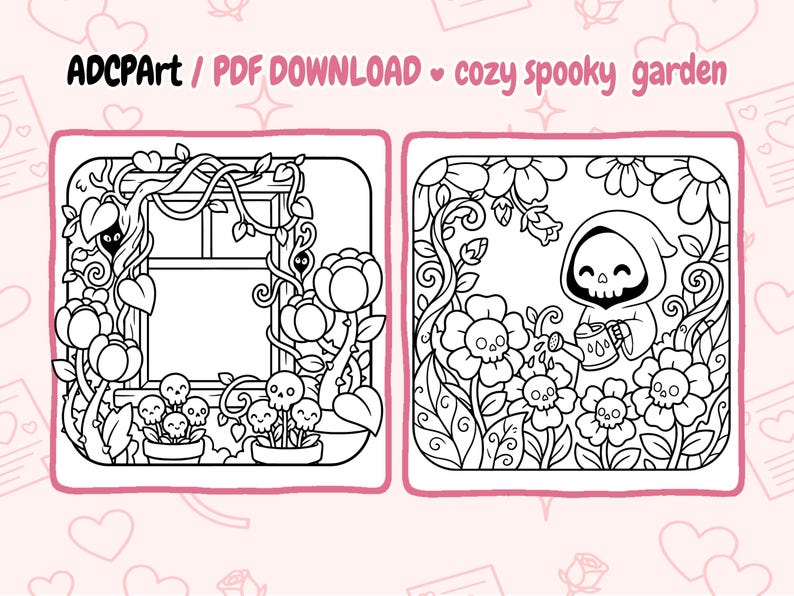 May include: Black and white digital art featuring two square panels. One shows a window with vines and skull-shaped flowers. The other depicts a Grim Reaper watering skull-shaped flowers. Text reads "ADCPart / PDF DOWNLOAD cozy spooky garden."