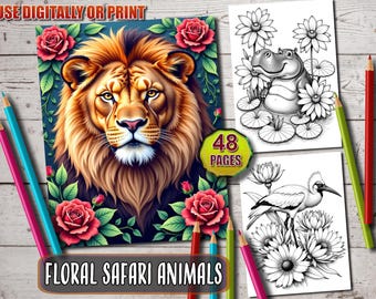 Safari Animals Coloring Book: Floral Designs, 48 Pages (Printable PDF)