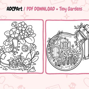 May include: Black and white line art illustrations of tiny gardens. One shows a boot with flowers and a mouse, the other a bottle with a house and swing. Text reads "ADCPart / PDF DOWNLOAD Tiny Gardens".