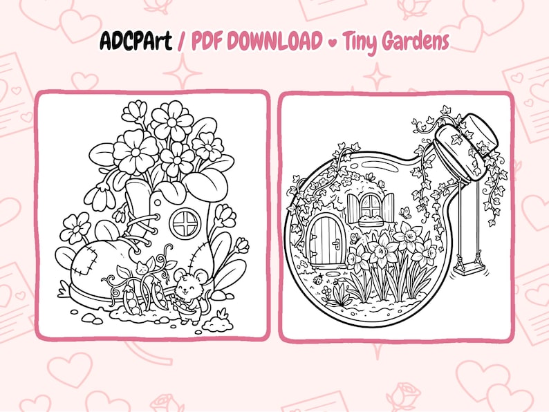 May include: Black and white line art illustrations of tiny gardens. One shows a boot with flowers and a mouse, the other a bottle with a house and swing. Text reads "ADCPart / PDF DOWNLOAD Tiny Gardens".