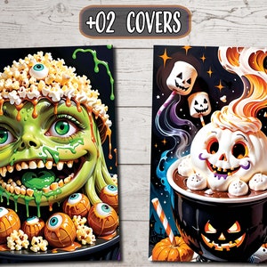 May include: Two Halloween-themed illustrations. The first shows a green monster with goo dripping from its mouth, surrounded by popcorn and eyeballs. The second shows a black mug with a jack-o'-lantern face, filled with hot chocolate and topped with marshmallows and whipped cream.