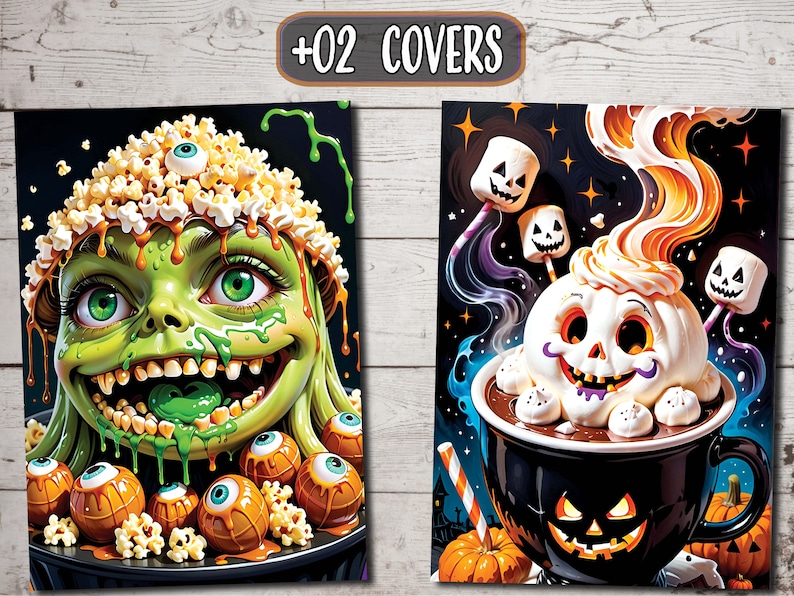 May include: Two Halloween-themed illustrations. The first shows a green monster with goo dripping from its mouth, surrounded by popcorn and eyeballs. The second shows a black mug with a jack-o'-lantern face, filled with hot chocolate and topped with marshmallows and whipped cream.