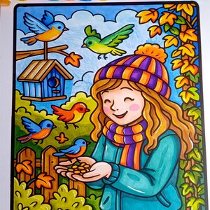 Op de afbeelding: Een kleurrijke illustratie van een meisje dat vogels voert. Het meisje draagt een hoed en sjaal met oranje, paarse en blauwe strepen. Vogels van verschillende kleuren, waaronder blauw, oranje en groen, worden afgebeeld in de buurt van een vogelhuisje en herfstbladeren.