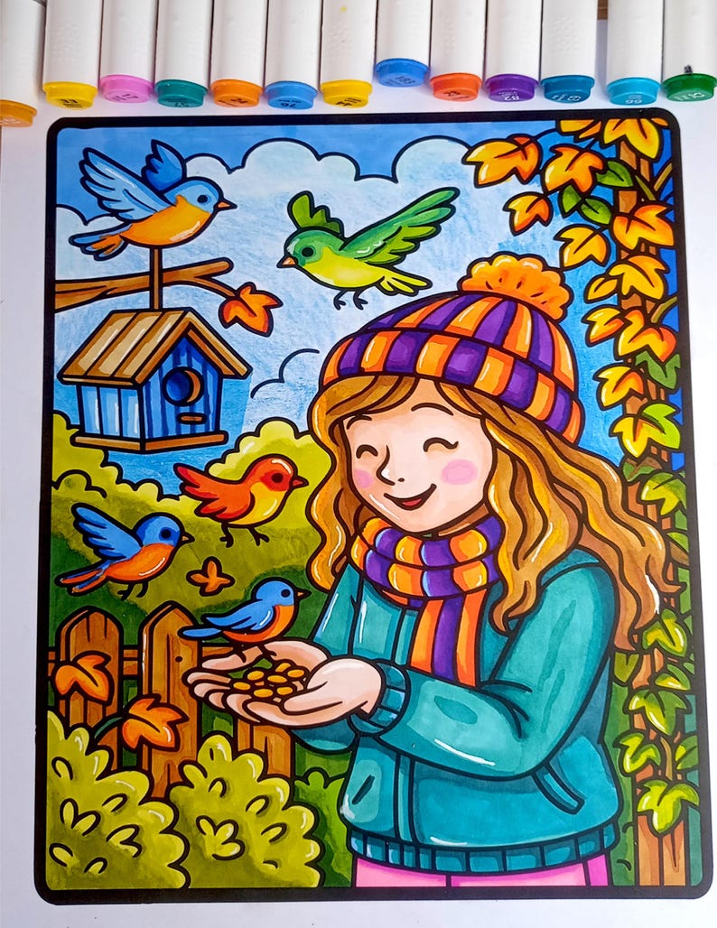 Op de afbeelding: Een kleurrijke illustratie van een meisje dat vogels voert. Het meisje draagt een hoed en sjaal met oranje, paarse en blauwe strepen. Vogels van verschillende kleuren, waaronder blauw, oranje en groen, worden afgebeeld in de buurt van een vogelhuisje en herfstbladeren.