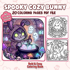 Puede incluir: Portada de libro para colorear digital con un conejito espeluznante con una capa con capucha, revolviendo un caldero con huevos brillantes y fantasmas. El título "Spooky Cozy Bunny" se muestra arriba, con el texto "20 Coloring Pages PDF File".