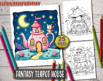 Fantasy Teekanne Haus Malbuch: Kawaii Cottage Designs (druckbare PDF)