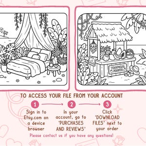 May include: Black and white line art illustrations. One depicts a bedroom scene with a bed, plants, and a canopy. The other shows a tropical fruit stand with the text "TROPICAL FRUITS". Instructions are also included.