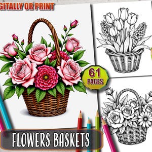 Puede incluir: Un libro para colorear con diseños de cestas florales. La portada presenta una cesta llena de rosas rosas y una dalia roja. El texto "FLOWERS BASKETS" se muestra en la parte inferior. El libro contiene 61 páginas.