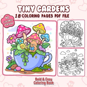 Puede incluir: Descarga digital "Tiny Gardens" con 18 páginas para colorear. La portada presenta una escena caprichosa de un jardín en una taza de té con setas, flores y un ratón leyendo un libro. También se ve el texto "Bold & Easy Coloring Book".