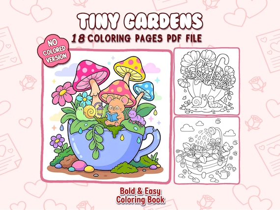 Bold and Easy Coloring Book – Whimsical Miniature Gardens Coloring Pages – Cute Cozy Fantasy Nature Scenes, Relaxing for Adults & Kids