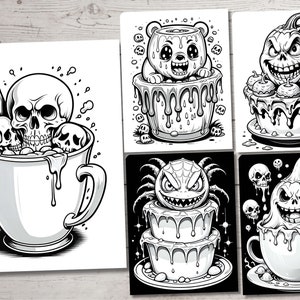 May include: Four black and white illustrations of Halloween themed treats. The first image shows a mug filled with skulls and a straw. The second image shows a bear-shaped cake with dripping icing. The third image shows a cake with a skull face and dripping icing. The fourth image shows a mug with a skull face and dripping icing.