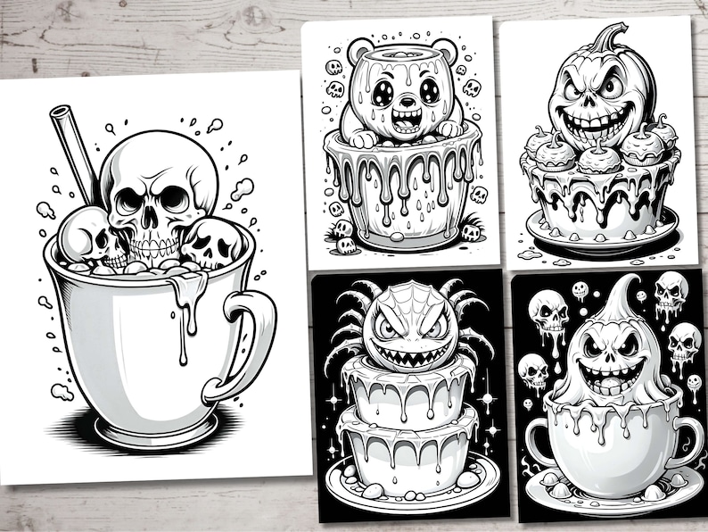 May include: Four black and white illustrations of Halloween themed treats. The first image shows a mug filled with skulls and a straw. The second image shows a bear-shaped cake with dripping icing. The third image shows a cake with a skull face and dripping icing. The fourth image shows a mug with a skull face and dripping icing.