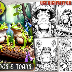 Frogs and Toads Coloring Book, Printable PDF, Animals Coloring Pages, Adult Coloring sheets
