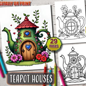 Könnte beinhalten: Farbenfrohe Illustration eines Teekannenhauses mit rotem Dach und grünem Körper. Das Bild enthält eine Malvorlage und Buntstifte. Der Text auf dem Bild lautet "TEAPOT HOUSES" und "USE DIGITALLY OR PRINT".