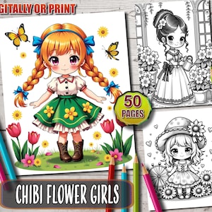 Chibi Flower Girls Coloring Book, Cute Kawaii girls Coloring pages , Flower Girls for Adults & Teens, Instant Download, Printable PDF