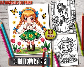 Chibi Flower Girls Coloring Book: Kawaii Art for Adults & Teens (Printable PDF)